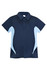 A navy blue kid's polyester polo shirt with light blue side panels and a collar. It features a logo on the chest.