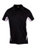 A black and white polyester polo shirt featuring a collar and a logo on the chest.