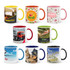 A collection of eight coffee mugs in various colours and designs, featuring different patterns and a logo on each mug.