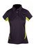 A women's polyester polo shirt in black with lime green accents and a buttoned collar. It features a logo.