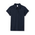 A navy women's polyester polo shirt with a collar and short sleeves. It features a logo.