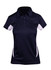 A navy blue women's polyester polo shirt featuring white accents and a collar, with a logo on the chest.