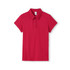 A women's short-sleeve polo shirt in bright red, featuring a collar and buttons, with a logo.