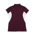 A women's polyester polo shirt in maroon with white side panels and a collar, featuring a logo.