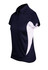A women's polo shirt featuring a navy body with white side panels and a collar. Includes a logo on the fabric.