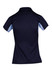 A navy polyester polo shirt featuring short sleeves and a contrasting light blue panel, with a logo present.