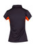 A black and orange women's polo shirt featuring a collared neckline and short sleeves, with a logo on the back.