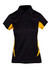A women's polyester polo shirt in black with yellow accents and a collar, featuring buttons and a logo.