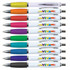 A collection of plastic pens with white barrels in various colors including purple, orange, pink, and blue, featuring a logo.