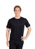 A black modern fit unisex T-shirt displayed on a model, showcasing a casual style. The shirt has a logo.