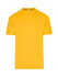 A bright yellow unisex regular T-shirt with a crew neck and short sleeves. It features a logo on the label.