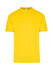 A yellow unisex regular T-shirt featuring a round neckline and short sleeves, with a logo on the front.