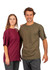 A unisex T-shirt in olive green worn by a man and a burgundy T-shirt worn by a woman, both with a logo.