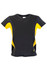 A black and yellow kids' cool-dry T-shirt featuring a sporty design and a logo.