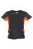 A dark grey T-shirt with orange accents, featuring a logo on the front. Perfect for active kids.