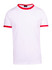 A white unisex ringer T-shirt with red trim on the collar and sleeves. It features a logo at the neck.