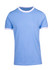 A blue ringer T-shirt featuring white collar and sleeve trims. It has a logo on the front.