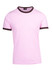 A pink ringer T-shirt with brown trim, featuring a logo at the neck.