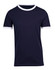 A navy blue ringer T-shirt with white trim on the collar and sleeves. It features a logo.