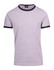 A grey men's/unisex ringer T-shirt with navy blue trim and a logo on the neckline.