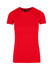 A red women's T-shirt with a round neck and short sleeves, featuring a logo on the label.