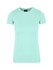 A mint green women's T-shirt with short sleeves, featuring a logo on the collar.