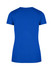 A blue women's slim fit tee featuring short sleeves and a round neckline, with a logo on the back.