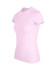 A women's slim fit tee in light pink, featuring a classic round neckline and short sleeves. It has a logo on the side.