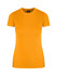 A women's slim fit tee in vibrant orange with short sleeves and a classic round neckline, featuring a logo.