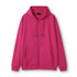 A pink zip hoodie featuring a front pocket and a drawstring hood. The hoodie has a branding logo.