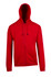 A red zip hoodie with a pocket and a hood, featuring a logo.