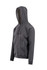 A grey zip hoodie with a pocket and a hood, featuring a simple design and a logo.