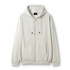 A white zipper hoodie with a pocket and a logo, featuring an adjustable hood and relaxed fit.