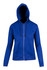 A blue zipper hoodie with a pocket and drawstring hood, featuring a logo on the chest.