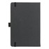 A recycled leather notebook with a hard cover, featuring a sleek dark exterior and elastic band closures.