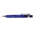 A blue plastic pen with a silver clip and a transparent barrel. It features a logo on the side.