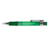 A plastic pen featuring a green body and a silver clip, designed for writing.