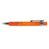 A plastic pen featuring a vibrant orange barrel and a shiny silver clip.
