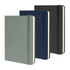 A set of three Moleskine Classic Hard Cover Notebooks in green, navy, and black with elastic closures.