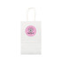 A small white paper bag with handles and a circular logo in pink on the front.