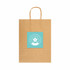 A large brown paper bag with a light blue logo in the centre and handles.
