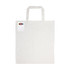 A white cotton tote bag with short handles and a colourful logo on one side.
