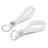 A white silicone key ring with a debossed design and a metal ring attachment.