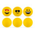 A set of six yellow stress balls featuring various emoji faces, including hearts, sunglasses, and smiling expressions.