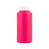 A drink bottle in bright pink with a white screw-on lid. It has a smooth surface and a branding logo.