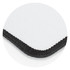 A gaming mat with a white surface and black stitched edges, featuring a textured finish.