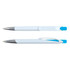 A Falcon Pen in white plastic with a blue accent and a silver clip. Two pens are displayed, one on top of the other.