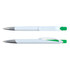 A plastic pen in white with green accents and a chrome tip, featuring a clip and a smooth design.