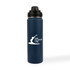 A drink bottle in navy blue stainless steel with a black screw top and a logo on the side.