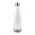 A drink bottle with a sleek white exterior and a stainless steel bottom. The design features a polished metal cap.